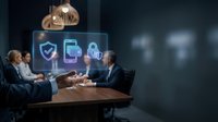 Two business professionals in formal attire discussing cybersecurity and data protection solutions at wooden table with glowing neon icons representing shield, server, and encryption technology.