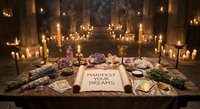 Mystical altar setup with candles, crystals, herbs and manifest your dreams book for spiritual rituals, meditation and manifestation practices.