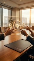 Business professionals using holographic interface technology for secure digital partnership and trust verification in modern office meeting room.