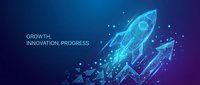 Glowing wireframe rocket launching upward with geometric particles on dark blue background, symbolizing growth, innovation, and progress in technology.