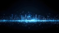 Futuristic city skyline silhouette with glowing blue energy wave and particle effects against dark background, digital art style for technology concepts.