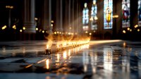 Glowing prayer candles create atmospheric path of light on church floor, illuminating stained glass windows and gothic architecture in spiritual ambiance.