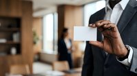 Male professional with dark skin tone wearing formal business attire holding blank white business card in modern office environment for corporate networking and branding purposes.