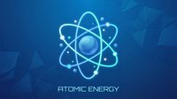 Glowing atomic energy symbol with orbiting electrons on blue geometric background for science technology and nuclear power concepts.