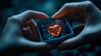 Glowing orange heart crystal in hands against dark background, magical fantasy concept with mystical light effects and ethereal atmosphere.