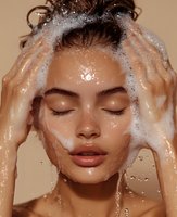 Young mixed race woman washing hair with shampoo foam, eyes closed in relaxation against beige background, water drops on face, beauty and skincare concept.