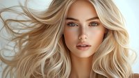 Young woman with flowing blonde wavy hair and natural makeup looking directly at camera against light background. Professional beauty portrait with soft lighting.