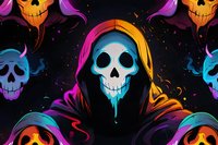 Colorful hooded skeleton character with glowing skull face on dark background, surrounded by floating neon skulls. Mystical fantasy art style with vibrant gradient colors.