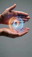 Protective hands holding glowing spiral energy orb with colorful light trails representing innovation, technology, protection and digital transformation concepts.