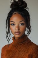 Young African American woman with messy bun hairstyle wearing orange turtleneck sweater against neutral background, natural makeup and freckles for beauty and fashion content.