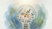 Watercolor light bulb with gears, rocket, and green leaves symbolizing innovation, growth, and eco-friendly technology in a soft, artistic style.