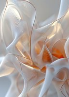 Flowing white and peach abstract waves create elegant curves and folds with soft lighting effects, producing a luxurious and ethereal artistic composition.