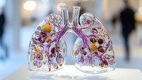 Glass lungs filled with colorful flowers and crystals on light background, artistic medical concept showing respiratory system anatomy in decorative style.