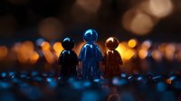 Silhouettes of three figures illuminated by warm bokeh lights creating atmospheric mood with blue and orange color contrast, dramatic depth of field effect.