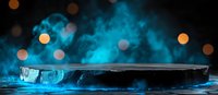 Empty dark stone podium with blue smoke and golden bokeh lights on black background, dramatic product display platform for presentation.