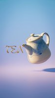 Floating ceramic teapot with blue speckled glaze and golden TEA lettering on a soft pastel blue and lavender gradient background.