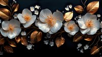 Elegant white flowers with golden leaves on black background, floral arrangement with delicate petals and metallic copper foliage creates luxurious pattern.