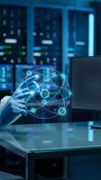Businessman touching holographic brain network in modern data center office representing artificial intelligence and neural connections technology.