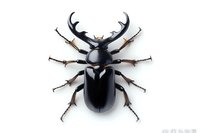 Black stag beetle with detailed antlers and legs on white background, isolated macro view showing intricate insect anatomy and natural form. Entomological study.