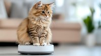 Fluffy ginger tabby cat sitting on robotic vacuum cleaner in modern living room interior, looking curious at camera with soft bokeh background.