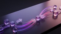 Glowing purple and pink cubes connected by flowing light trails on dark surface. Digital transformation and data flow concept for business presentations.
