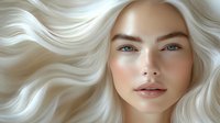 Young woman with platinum blonde wavy hair, blue eyes and natural makeup on white background, close up portrait showing flawless skin and modern beauty look.