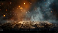 Empty rustic wooden table with magical glowing particles and smoke against dark background, creating mystical atmospheric scene for product display.