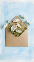Open kraft envelope filled with white cosmos flowers and green herbs on soft blue watercolor background for greeting cards and invitations.