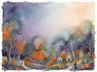 Watercolor Halloween landscape with spooky houses, pumpkins, bare trees and bats in purple orange twilight sky for seasonal greeting cards and decorations.