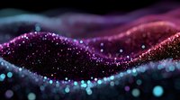 Abstract glowing wave of purple and pink particles against dark background, creating a futuristic digital landscape for technology or science concepts.