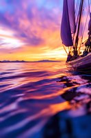 Dramatic sunset view from sailboat with purple and orange sky reflecting on rippling ocean water, silhouette of yacht sail against vibrant dusk horizon.