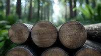 Fresh cut wooden logs stacked in green forest with soft bokeh background and fern leaves, natural lumber harvesting concept for sustainable forestry.
