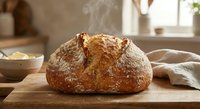Freshly baked artisan sourdough bread loaf with golden crust on wooden cutting board in warm kitchen setting for bakery and homemade cooking concepts.