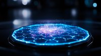 Glowing blue hexagonal platform with pink energy core emanating light particles against dark background, futuristic technological concept for sci-fi designs.