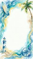 Watercolor coastal frame with lighthouse, palm tree, compass rose, and flowing ocean waves in blue and sandy tones. Suitable for travel, nautical, and summer designs.