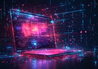 Futuristic laptop with glowing neon lights in cyberpunk style against digital matrix background with red and blue particle effects creating sci-fi atmosphere.