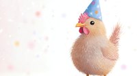 Adorable fluffy baby chick wearing blue party hat against soft pastel background with confetti. Whimsical celebration illustration for greeting cards and party designs.