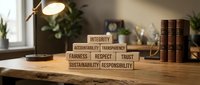 Wooden blocks displaying corporate values like integrity, accountability, transparency on office desk with books and plants in professional workspace.