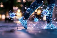 Glowing blue virus particles floating around walking feet with digital network connections on dark background, representing spread of infection and pandemic concept.