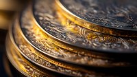 Antique golden coins with ornate patterns and detailed engravings stacked in layers creating depth and texture, illuminated with warm dramatic lighting.