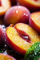 Fresh ripe plums with water drops in macro view showing juicy yellow flesh and red skin, dramatic lighting creates appetizing mood for food photography.
