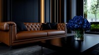 Modern luxury living room interior with brown leather Chesterfield sofa, blue hydrangea bouquet, black walls, and ambient lighting creating sophisticated atmosphere.