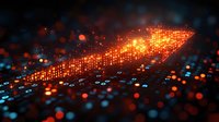 Glowing orange digital arrow formed by binary code matrix rises against dark background with blue bokeh lights, representing technological growth and progress.
