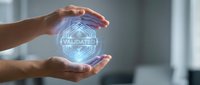 Business hands protecting glowing validation badge hologram representing quality assurance and certification processes in modern office environment.