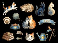 Cats and kittens collection with toys, food bowls, and accessories isolated on transparent background. Ready for t-shirt designs, clipart, stickers, print-on-demand products, and sublimation projects.