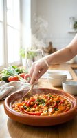 Steaming chickpea and vegetable stew in a clay dish stirred by hand with a wooden spoon in a bright modern kitchen.