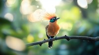 Small orange songbird with distinctive blue head and decorative crown feathers perched on branch against soft bokeh nature background with morning dew drops.