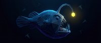 Deep sea anglerfish with glowing bioluminescent lure swimming in dark ocean depths. Digital wireframe style marine predator for scientific education content.