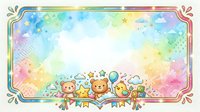Pastel rainbow watercolor frame with cute bears, star, chick, and clouds. Colorful border for baby shower, nursery, or kids party design.