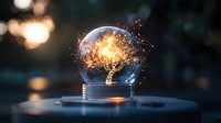 Glowing sparks illuminate broken light bulb against dark background, creating magical atmosphere with bokeh effect and warm orange light.